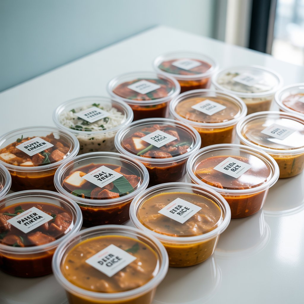 Punjabi dish with curry in a metal bowl alongside naan bread and rice
